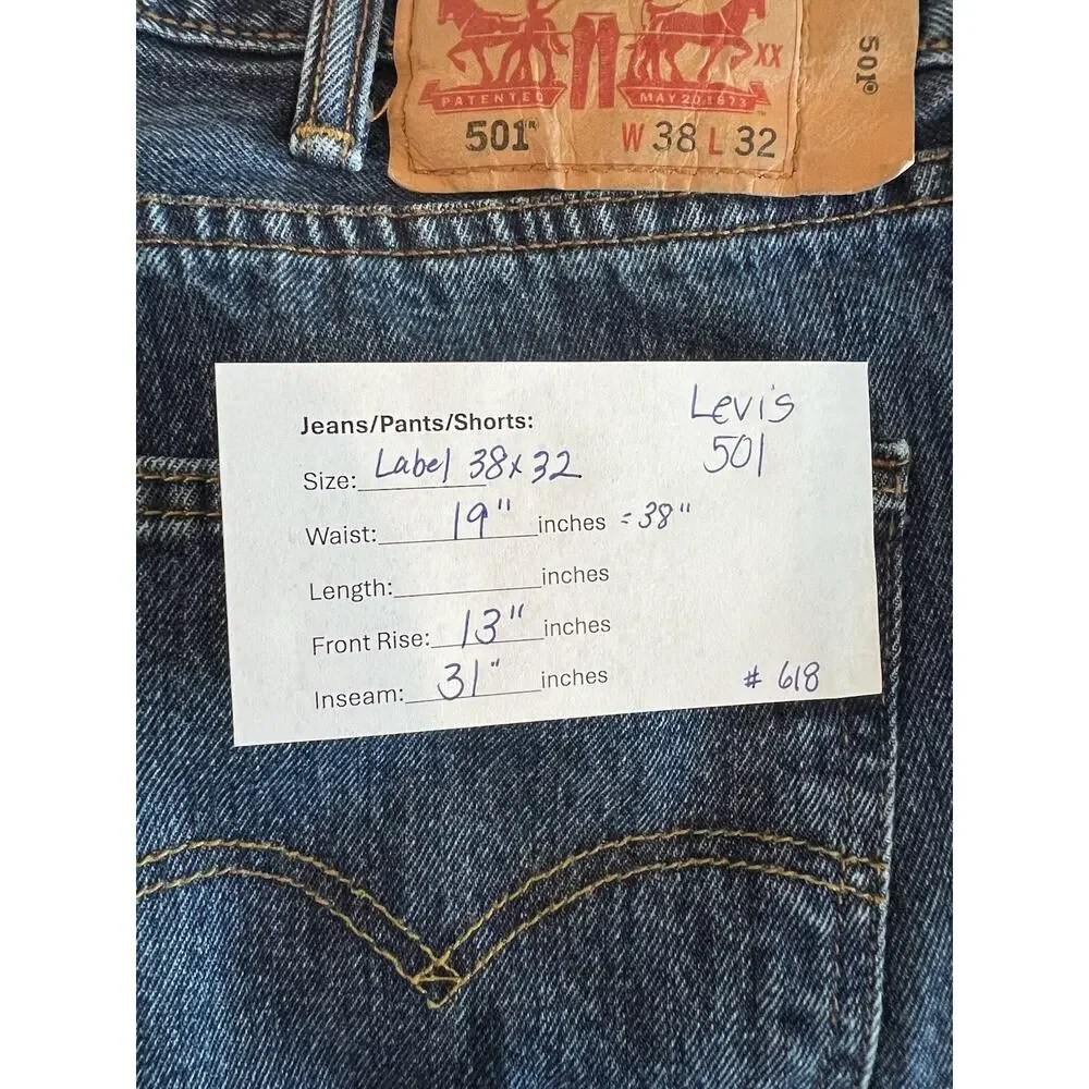 Levis‎ 501 Jeans Mens 38x31 Blue Denim Button Fly Straight Cowboy Western Work